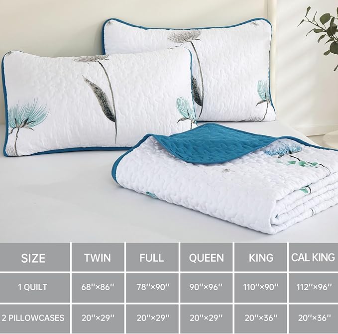 Dinjoy Quilt Set Full Size Teal Blue, Floral Bedspreads 3 Pieces Reversible Quilts Bedding Set Microfiber Lightweight Bedspread Coverlet Farmhouse Set for All Season78 x90