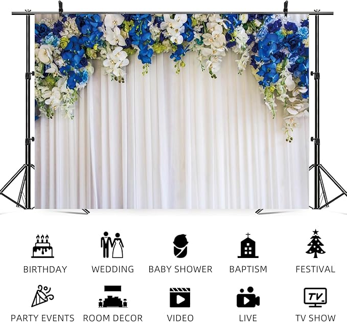 10x6.5ft White Wedding Backdrop White Blue Floral Flowers Photography Background Bride Groom Ceremony Party Bridal Shower Banner Decorations Engagement Proposal Portrait Photo Booth Prop