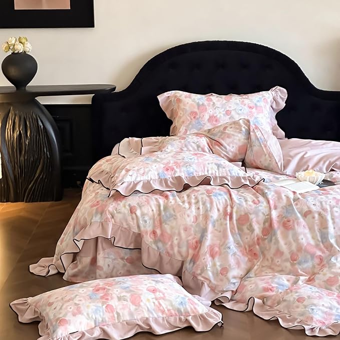 HighBuy Ruffle Duvet Cover Queen Size,Vintage Lace Floral Botanical 100% Brushed Cotton Bedding Set for Women Girls,Farmhouse Bedding Super Soft Comfortable Boho Chic Lightweight 3 Pieces