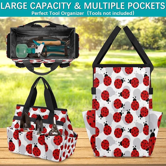 Ladybug Garden Tool Tote Bag for Women Men Gardening Tool Storage Bags with 10 Pockets Standable Garden Home Tool Kits Organizer for Indoor Outdoor Gardening Gifts