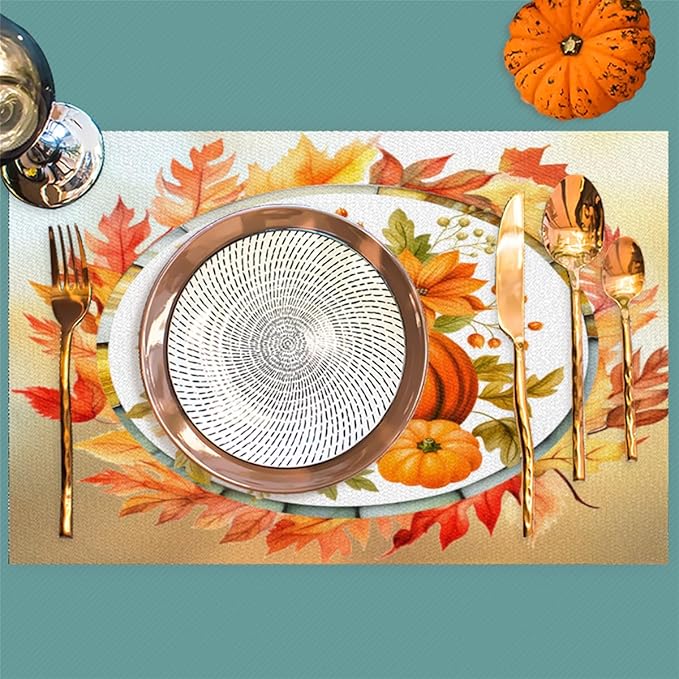 Fall Autumn Flower Pumpkin Placemats Set of 1 PVC Vinyl Non Slip Table Mats Heat Resistant Place Mats Washable Wipeable Dining Table Mat for Kitchen Decor Party Indoor Outdoor Decorative Gift