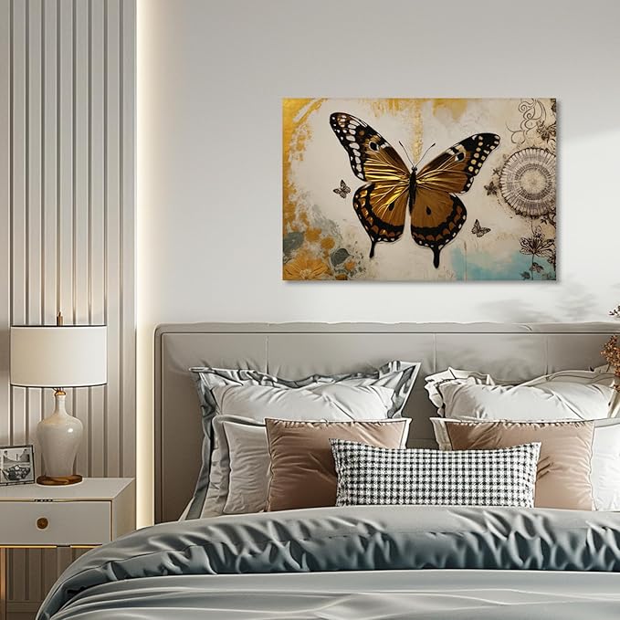 KPLUNDO Butterfly Wall Art Abstract Flower Picture Gray Gold Poster Vintage Painting Modern Artwork Home Decor for Living Room Bedroom Office Wall Decoration Ready to Hang(Art-3,12.00x18.00 inch)