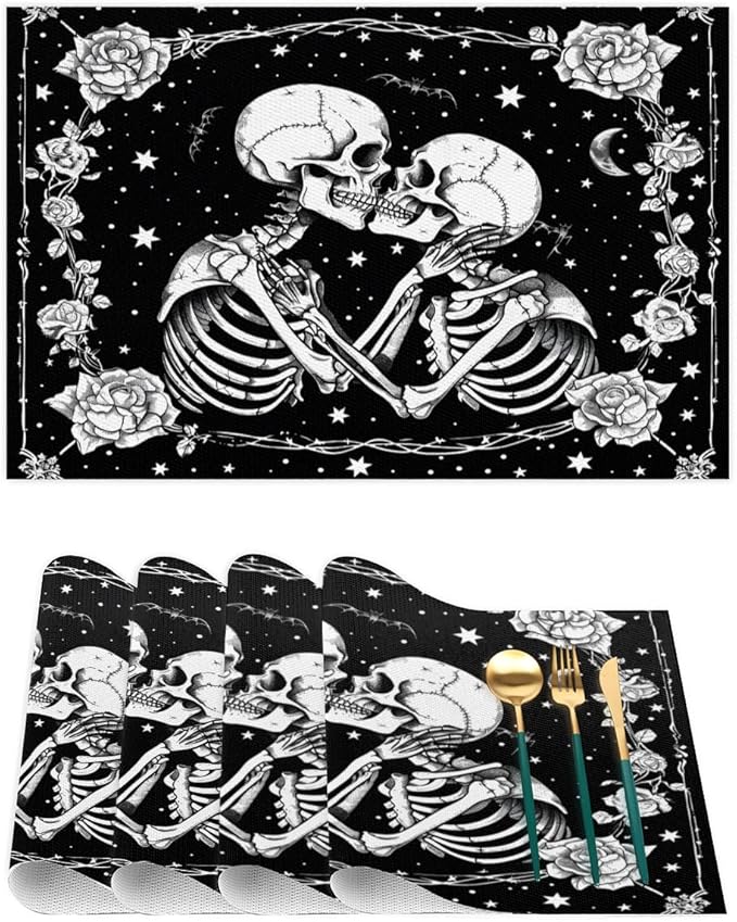 Halloween Skull Goth Flower Placemats Set of 4 PVC Vinyl Non Slip Table Mats Heat Resistant Place Mats Washable Wipeable Dining Table Mat for Kitchen Decor Party Indoor Outdoor Decorative Gift