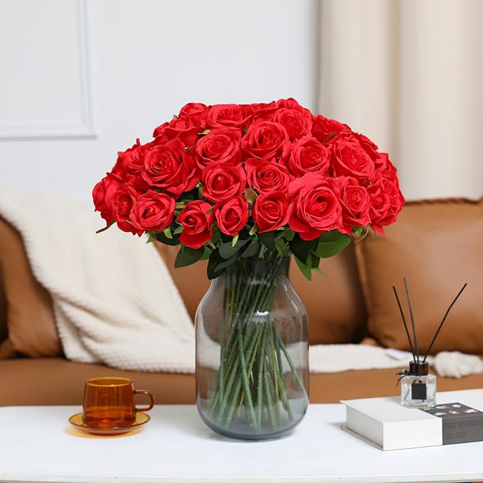 Tifuly Red Roses Artificial Flowers - 12 pcs Realistic Long Stem Fake Roses Mashup Style Silk Flowers for Valentine's Day DIY Bouquets Wedding Centerpieces Arrangements Home Party Decor