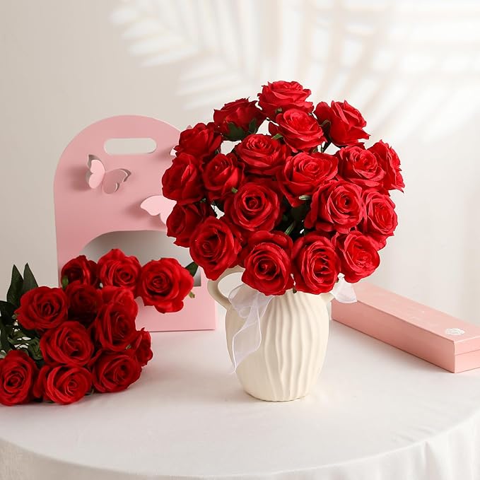 Kisflower 80 Pcs Red Roses Artificial Flowers Bulk, Silk Roses with Stems Real Look Artificial Red Roses for Decoration DIY Wedding Bouquet Bridal Shower Party Home Table Centerpieces Decor (Red)