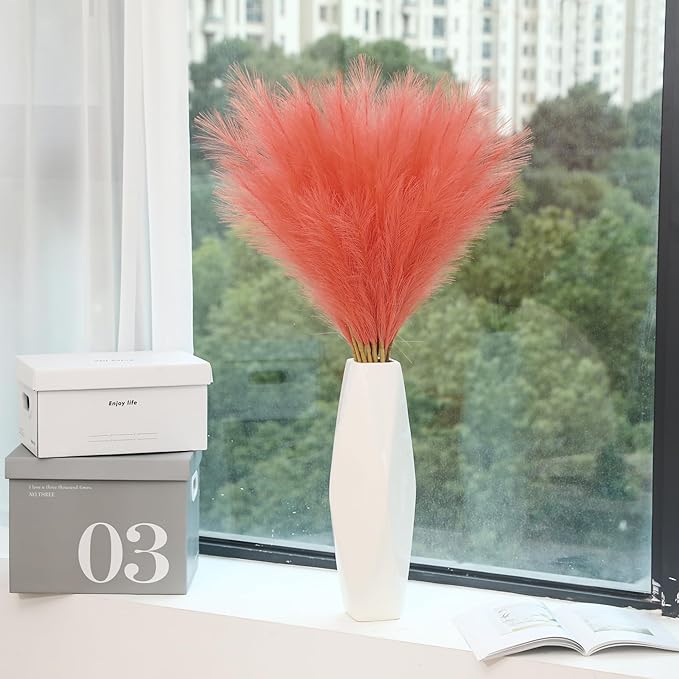 9 Stems Orange Pampas Grass - 38 Inch Tall Faux Pompous Grass Decor, Large Artificial Pompas Floral for Vase Filler, Wedding, Party and Fall Home Decor (Orange)