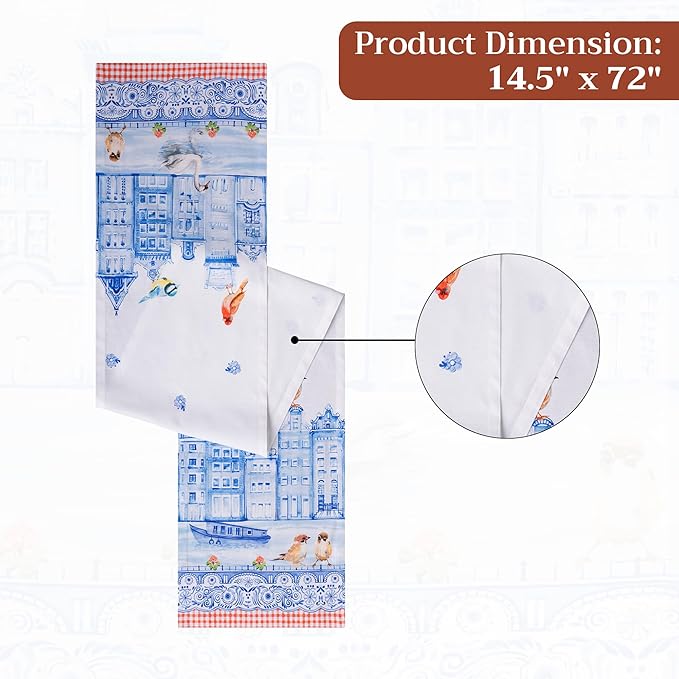 Maison d'Hermine Table Runner 100% Cotton Single Layer TableRunners 72 inches Long Decorative for Home Kitchen Dining Party Baby Shower Wedding Bridal Shower SpringSummer(Amsterdam Canals,14.50"x72")