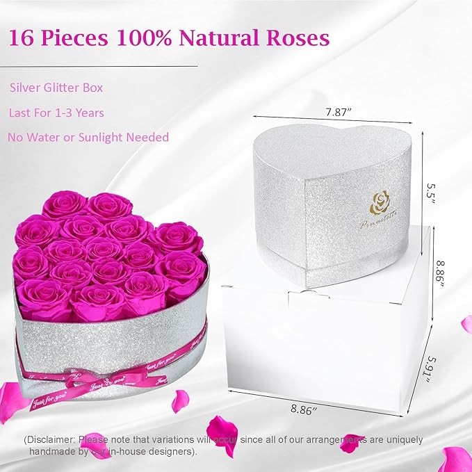 Flowers for Delivery, 16 Hot Pink Preserved Rose in Heart Shaped Box, Real Forever Roses Birthday Anniversary Valentines Day Mothers Day Flowers Gifts for Women Mom.Wife Her