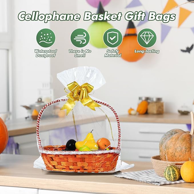 50 Packs Large Cellophane Bags 18" x 24" Clear Cellophane Gift Basket Wraps 2.3 Mil Thick Transparent Cello Bags for Fruit Basket, Gift Wrap, Treats, Arts and Crafts, 50ct Yellow Ribbon Bows