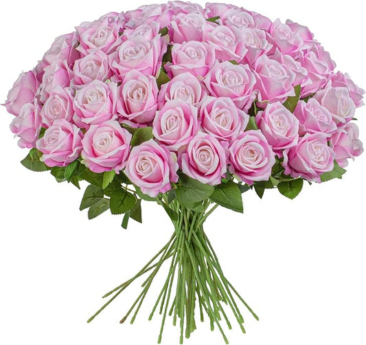 Uqueeten Fake Plants Roses Flowers Plastic Flowers Party Decoration for Home Gifts for Gf Roses Artificial Flowers for Vase Fake Plants Home Decor 19.6"(Deep Pink 50PCS)