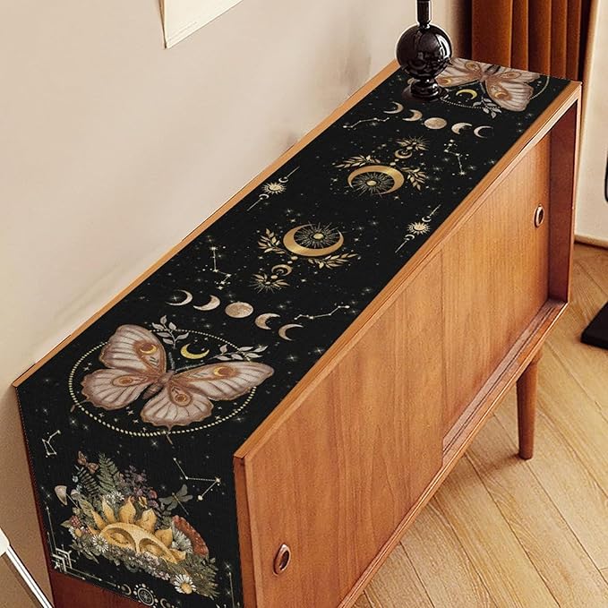 Gothic Moth Table Runner, Boho Gothic Sun Moon Phase Wildflower Mystical Witchy Farmhouse Coffee Table Center Decor for Home Kitchen Dining Patio Holiday Party Table Decorations 13x36 inches