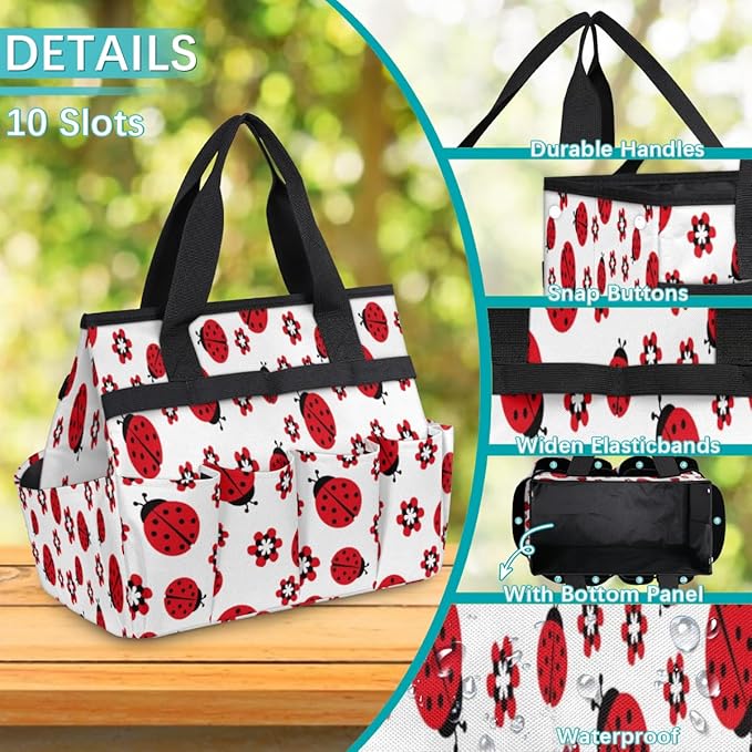 Ladybugs Flowers Garden Tool Tote Bag for Women Men Gardening Tool Storage Bags with 10 Pockets Standable Garden Home Tool Kits Organizer for Indoor Outdoor Gardening Gifts