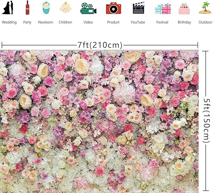 20x10ft Pink Rose Floral Flower Wall Backdrop Girls Wedding Birthday Bridal Shower Kids Portrait Background Photoshoot Cake Table Tea Party Photoshoot Decorations Photo Studio Props