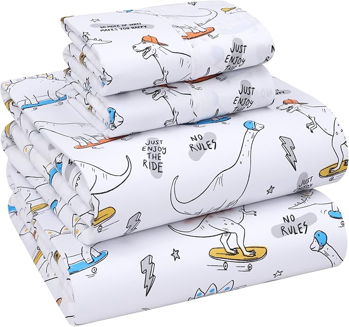 RUVANTI 100% Cotton Full Size Bed Sheets, 4 Pieces, Soft & Breathable Percale Weave Bedding, Deep Pocket 16", Hotel Standard, Crisp Cool Feel, Durable, Perfect Sheet Set Floral, Dino