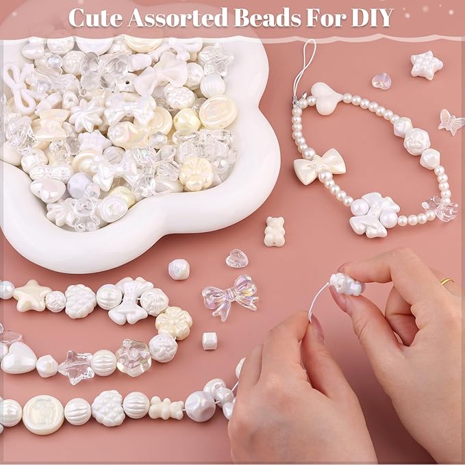 Assorted Acrylic Beads, 200-260PCS White Cute Beads for Bracelet Making, GummyBear Bow Flower Candy Kawaii Charms for Jewelry Making DIY Necklace Keychain Phone Charm Christmas Gift