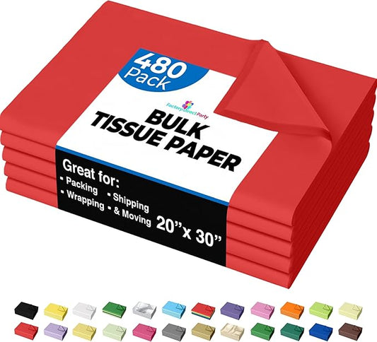 Party Solids Red Tissue Paper for Gift Bags - 20" X 30" Bulk Tissue Paper Red 480 Sheets - 10lb Newsprint for Packing, Birthday Gift Box Filler, Packing Supplies for Moving Supplies