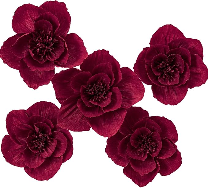 12" 3D Paper Flower Decoration for Party, Wedding Decoration, Background Wall, Nursery Room Decoration, Bridal Shower, Baby Shower(Burgundy, 5 Pcs)