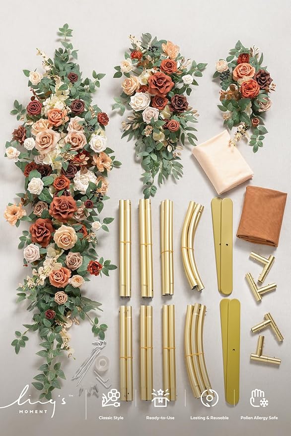 Ling's moment Wedding Arch Backdrop Stand with Flowers - 7.2FT, 6FT Set of 2 Metal Arch Frame with Drape for Ceremony Decor - Artificial Floral Birthday Party, Bridal Shower, Terracotta Orange
