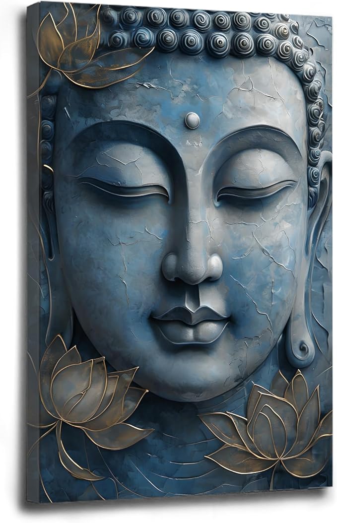 Canvas wall art Golden lotus crown Serene Buddha poster Ethereal blue toned art with delicate floral decor Zen wall art for a tranquil meditation space 20x30in Wood Framed