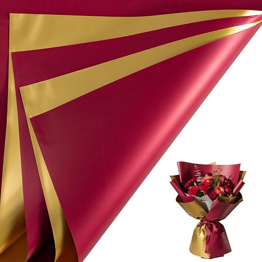 LeZakaa 20 Sheets Christmas Flower Wrapping Paper, Wine Red and Gold Design Waterproof Reversible Floral Bouquet Paper, for Valentines, Mothers Day, Party, Birthday, Wedding, Baby Shower