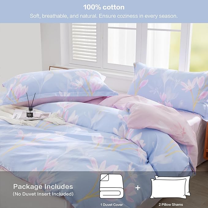 SAPHREAS Queen Size Floral Duvet Cover Set 3pcs Cotton Pink Orchid Flower Printed Blue Bedding Comforter Cover Set 100% Cotton 1 Duvet Cover 90"x90" 2 Pillow Shams, Comforter Not Included
