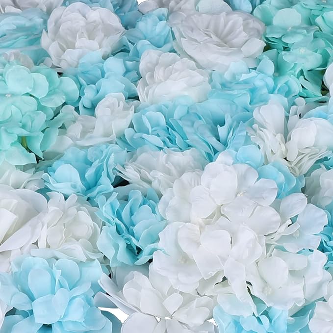 12PCS Flower Wall Panels, 3D Silk Floral Wall Backdrop, Realistic Blue Rose Hydrangea Flower Backplanes, Roll Up Fake Flower Background for Valentines Wedding Party Home Decoration