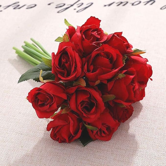Jasion Artificial Flowers 12pcs Silk Realistic Roses DIY Bouquet for Home Parties Table Centerpieces Bridal Wedding Decoration Without Vase (Spring Red)