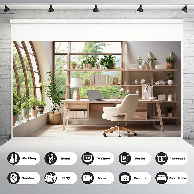 Office Backdrop for Video Conference Modern Business Home Office Work Place Background Indoor Green Plants Leaves Tranquil Work Environment for Live Video Zoom Calls Photo Portrait Prop 10x6.5ft