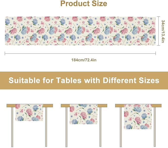 Hydrangea Table Runner, Spring Summer Watercolor Blue Floral Seasonal Country Farmhouse Coffee Table Center Decor for Home Kitchen Dining Patio Holiday Party Table Decorations 13x90 inches