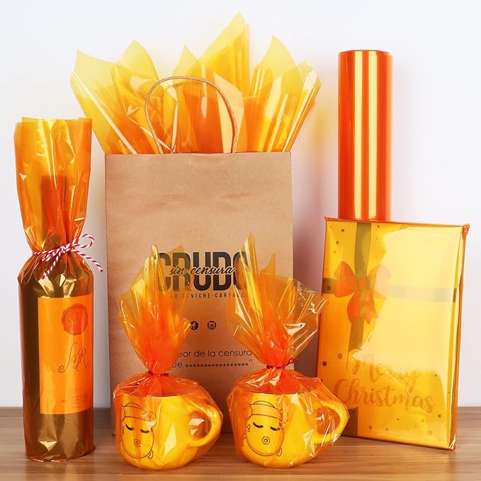 POPGIFTU Cellophane Wrap Roll Gold(34 in x 100 ft)- 3 Mil Thicken Translucent Gold Cellophane Roll, Large Colorful Cello Wrapping Paper for Gift Basket Treats Wrap DIY Arts Crafts Decoration