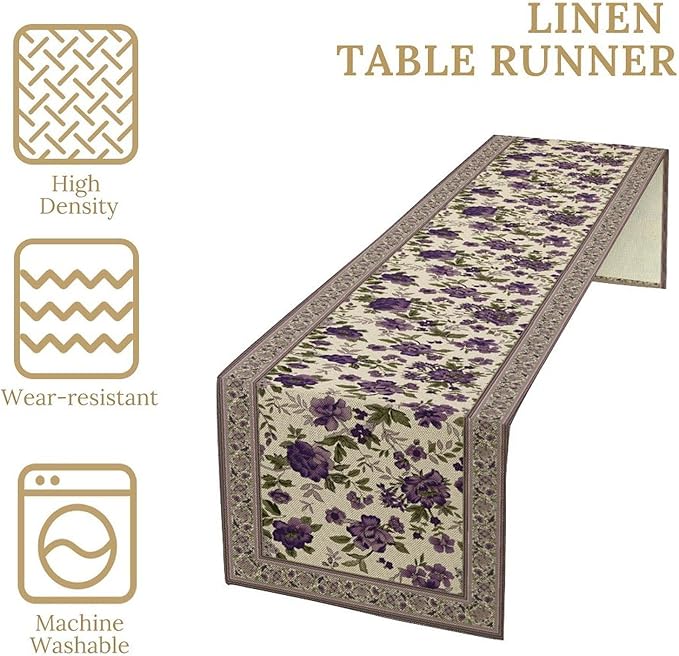 Vintage Floral Table Runner, Elegant Purple Flowers Retro Design Table Runner for Kitchen Dining Holiday Party Decoration, 13x70 Inch