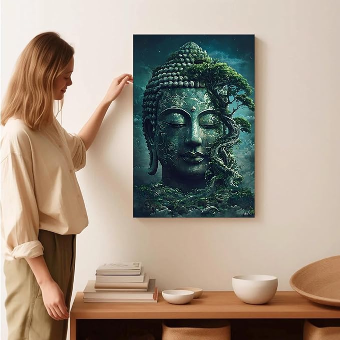Buddha statue wall art canvas wall decor aesthetic picture mystical nature art for tranquil home and spiritual space 24x36in Wood Framed