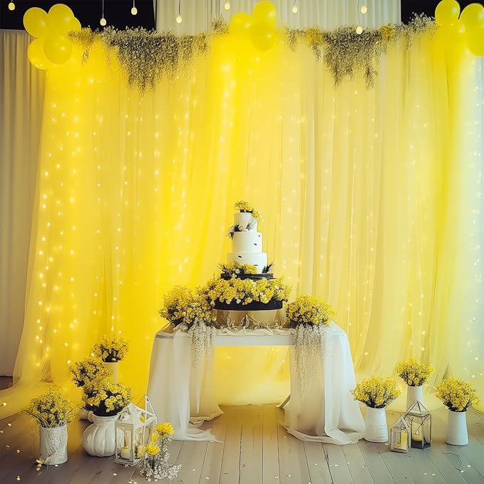 20ft x 10ft Yellow Backdrop Curtain with Lights String for Parties, Sheer Tulle Wedding Photo Backdrops Drapes for Baby Shower Birthday Party Decorations Background for Photography