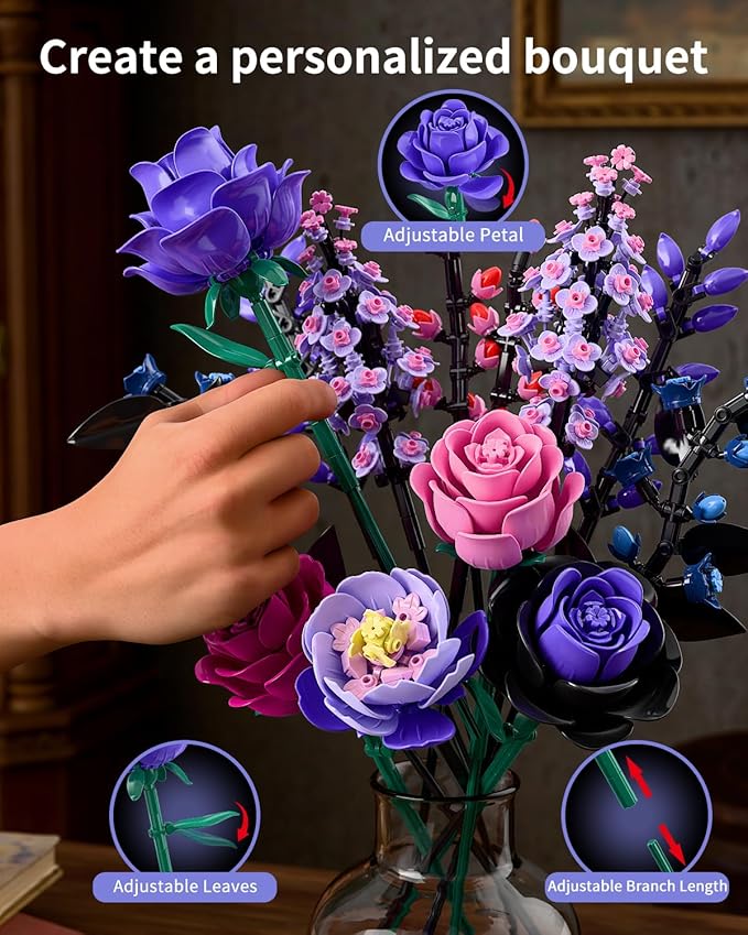 Flowers Bouquet Building Set - Purple Roses Botanical Collection Building Blocks for Adult Women, Artificial Flowers Gothic Home Decor Christmas Birthday Gift for Adults Kids Girls 6-12