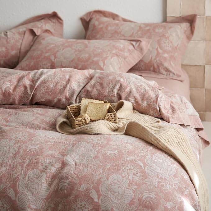 Jacquard Flower Duvet Cover King Retro Blush Pink Floral Duvet Cover Yarn-Dyed Textured Cotton Bedding Jacquard Flower Comforter Cover with Edge Design Vintage Farmhouse Floral Bedding Set King Size