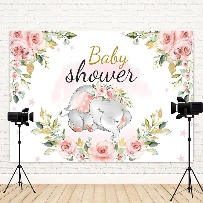 8x6ft Elephant Baby Shower Backdrop for Girl Pink Flowers Photography Background Newborn Girls Birthday Banner Decorations Sweet Princess Baby Party Portrait Photo Booth Prop