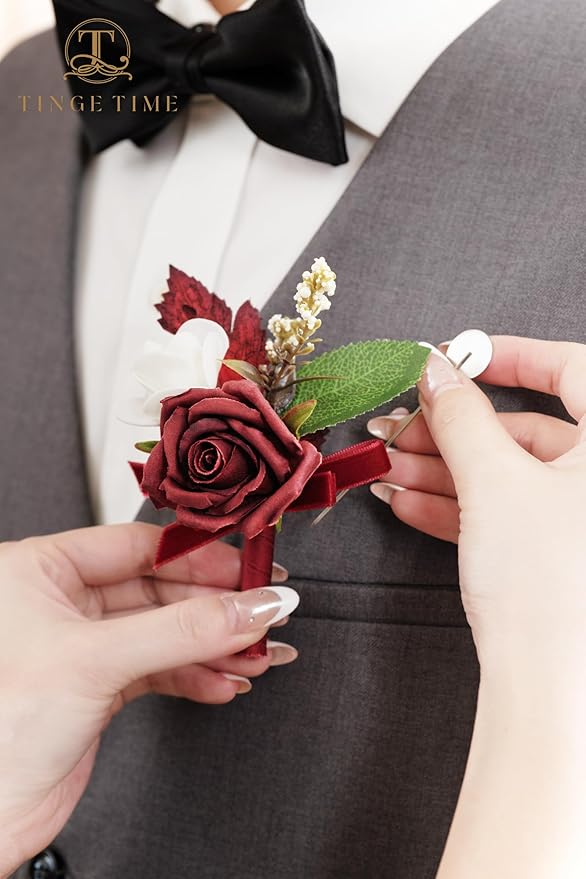 TINGE TIME Boutonniere for Men Wedding,Groom and Best Man Boutonniere for Wedding Ceremony Anniversary, Formal Dinner Party and Rustic Spring Wedding Marriage (10, Burgundy)