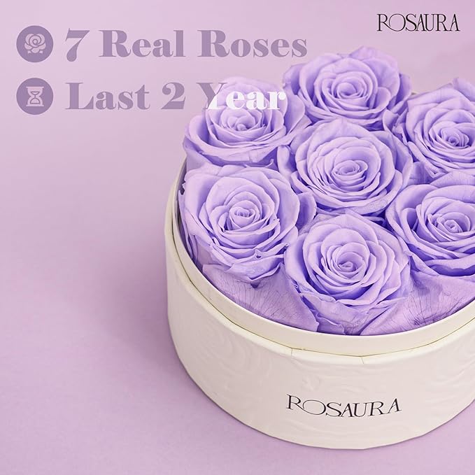 Rosaura Round Preserved Roses Gift Box - Real Forever Flowers for Birthday, Valentine's & Mother's Day (Light Purple, 7 Roses)