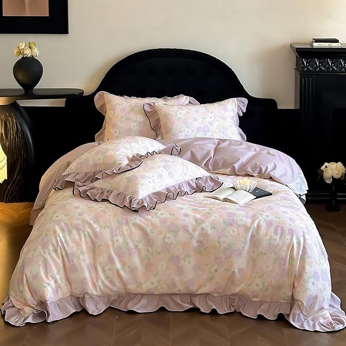 HighBuy Floral Ruffle Duvet Cover Queen Vintage Purple Floral Lace Ruffle Coquette Bedding Set Brushed Cotton Soft Breathable Durable Farmhouse Bedding Set with 4 Corner Ties,Queen