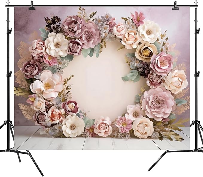 5x3ft Wedding Backdrop Purple Pink Floral Theme Photography Background White Flower Garland Green Leaves Bridal Shower Banner Decorations Girls Birthday Party Baby Portrait Photo Booth Prop