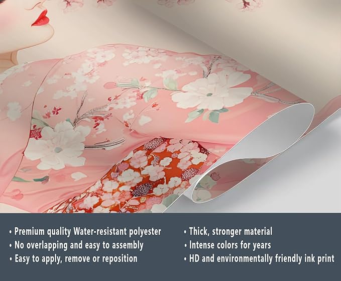 Japanese Cherry Blossom Wall Mural, Kimono Woman Geisha 3D Wall Murals, Oriental Beauty Wallpaper Mural, for Living Room Bedroom Large Wallpaper Indoor Decor 118" W x 82.6 "H