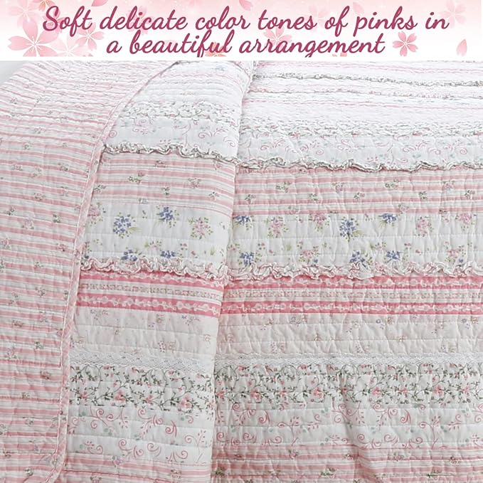 Cozy Line Home Fashions Shabby Chic Pink Flower Lace Ruffle Stripe 100% Cotton Reversible Quilt Bedding Set, Coverlet, Bedspread (Pink,King - 4 Piece: 1 Quilt + 2 KingSham + 1 Décor Pillow)