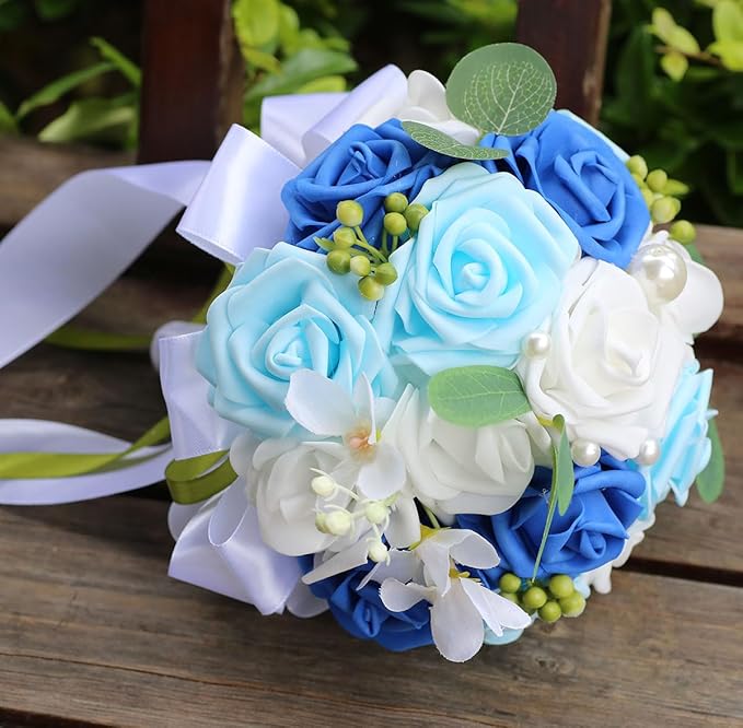Lightweight Bridal Wedding Bouquet Round Holding Bouquet Throw Toss Artificial Rose Flower Bunch for Bride Bridesmaid Wedding Quinceanera (White, Royal Blue & Light Blue, 9.1")
