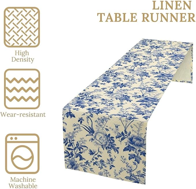 Vintage Blue Floral Table Runner, Retro Country Flowers Botanical Design Table Runner for Kitchen Dining Home Party Outdoor Indoor Decor, 13x108 Inch