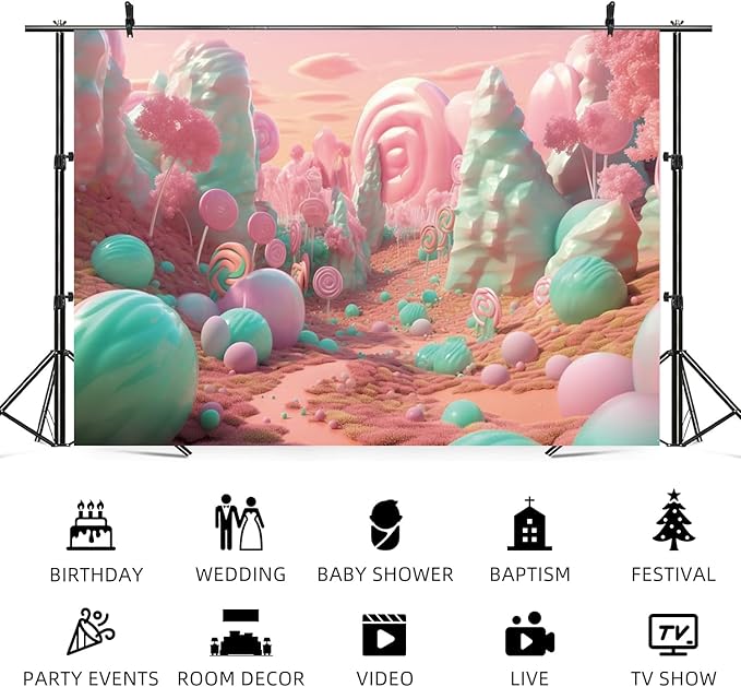 15x10ft Candyland Backdrop Pink and Teal Lollipop Photography Background Fairytale Kingdom Candy Sweet Girl Princess Birthday Banner Decorations Newborn Baby Shower Portrait Photo Booth Prop