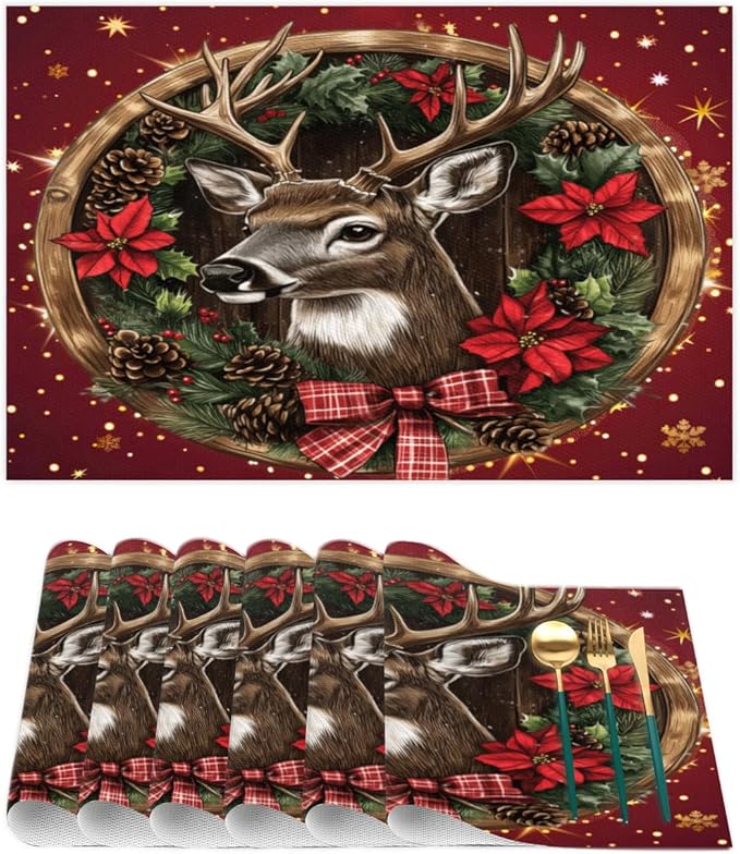 Xmas Christmas Reindeer Poinsettia Red Placemats Set of 4 PVC Vinyl Non Slip Table Mats Heat Resistant Place Mats Washable Wipeable Dining Table Mat for Kitchen Party Indoor Outdoor Decorative Gift