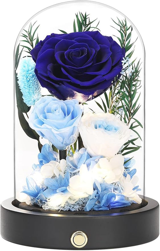 Eternal Roses, Preserved Flowers in Glass Dome, Long Lasting Roses Blue Forever Flowers for Delivery, Valentines Day Mothers Day Anniversary Birthday Gifts for Grandma Women Her Mom Girlfriend Wife