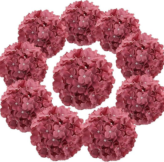 Flojery Silk Hydrangea Heads Artificial Flowers Heads with Stems for Home Wedding Decor,Pack of 10 (Mauve)
