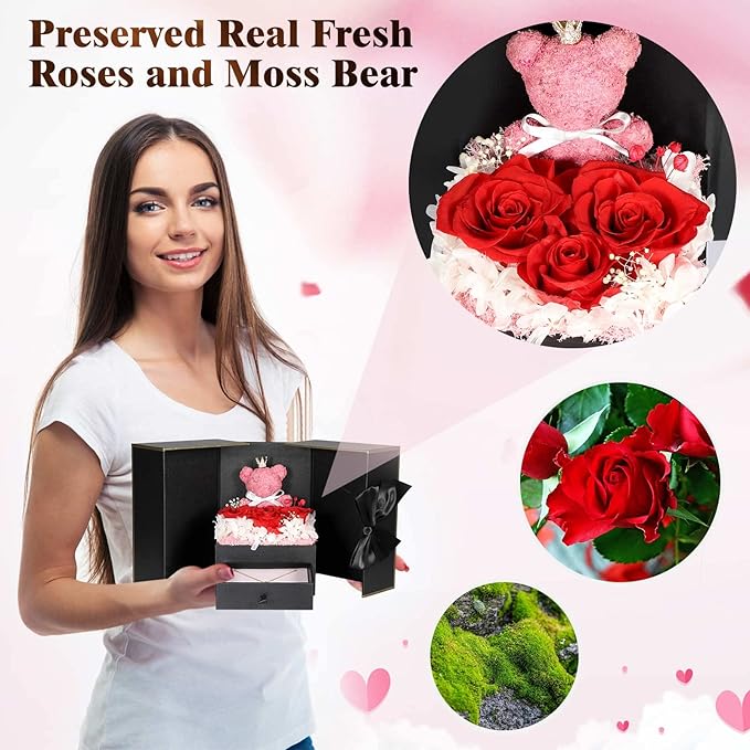 Cute Preserved Real Roses Bear Gift Box for Girlfriend with Initial Necklace C, Unique Birthday Gift for Mom, Her, Grandma, Anniversary Presents for Wife Women