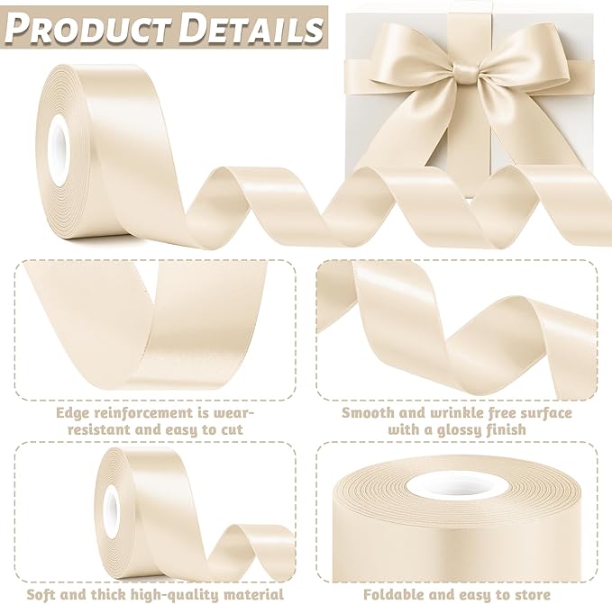 Fullive 1 1/2 Inch Ribbon for Gift Wrapping, 30Yards Cream Ribbon, Polyester Solid Satin Ribbons for Flower Bouquet for Easter Christmas Decorations DIY Hair Bows Wrapping Bouquet Floral Arrangements